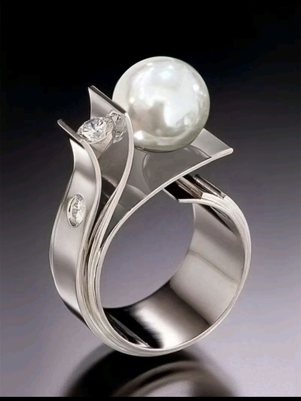 1pc Elegant Silver Cubic Zirconia & Faux Pearl Ring